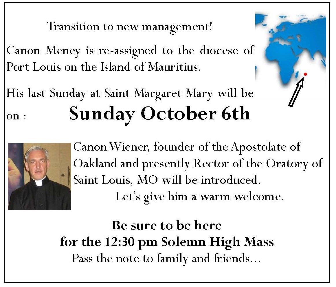 Farewell Canon Meney, Welcome Canon Wiener: Solemn High Mass on October 6, 2019